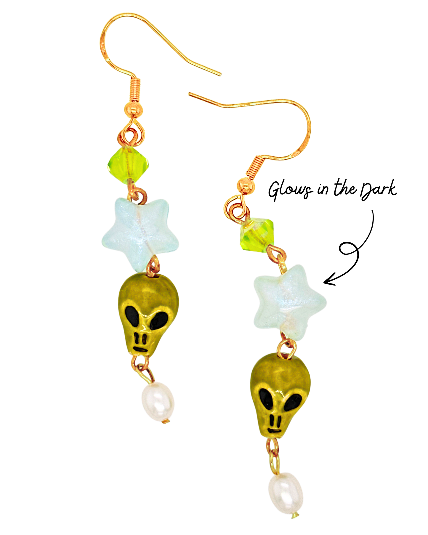 Martians Here! Earrings in Gold, Glowy Star, Green Crystal & Pearl