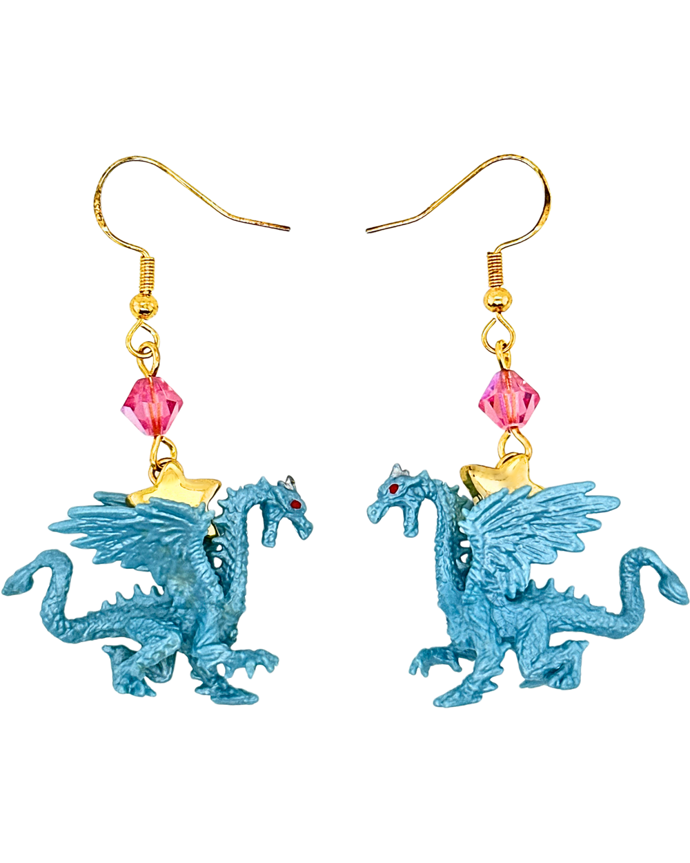 Ancient Silver Dragon Earrings in Gold & Pink Crystal