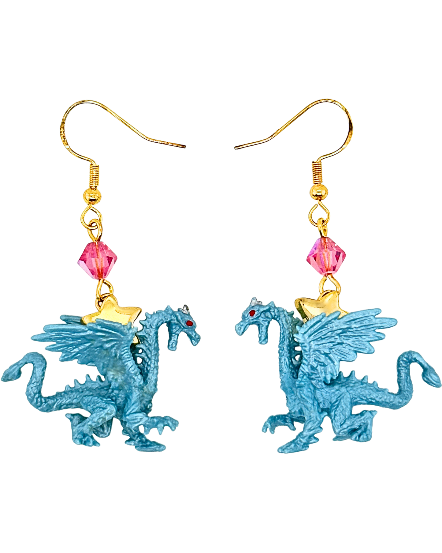 Ancient Silver Dragon Earrings in Gold & Pink Crystal