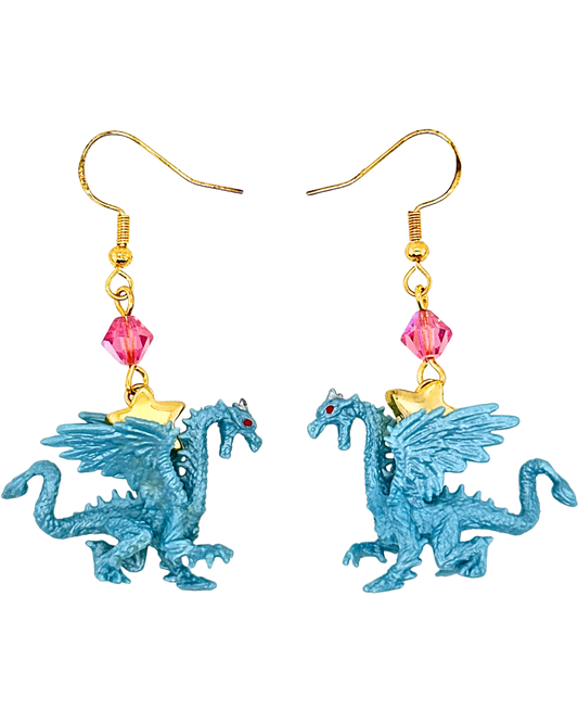 Ancient Silver Dragon Earrings in Gold & Pink Crystal