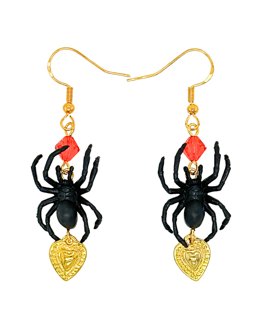 Black Widow Earrings in Gold & Fiery Orange Crystal