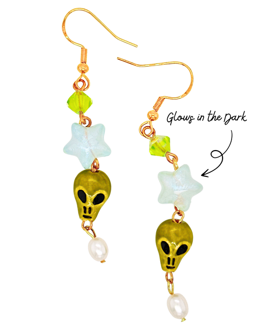 Martians Here! Earrings in Gold, Glowy Star, Green Crystal & Pearl